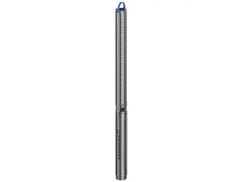 Grundfos Brunnenpumpe in silberner Farbe, schmal und zylindrisch. Sie ist für den Einsatz unter Wasser konzipiert und zeigt eine praktische Halteschlaufe oben.